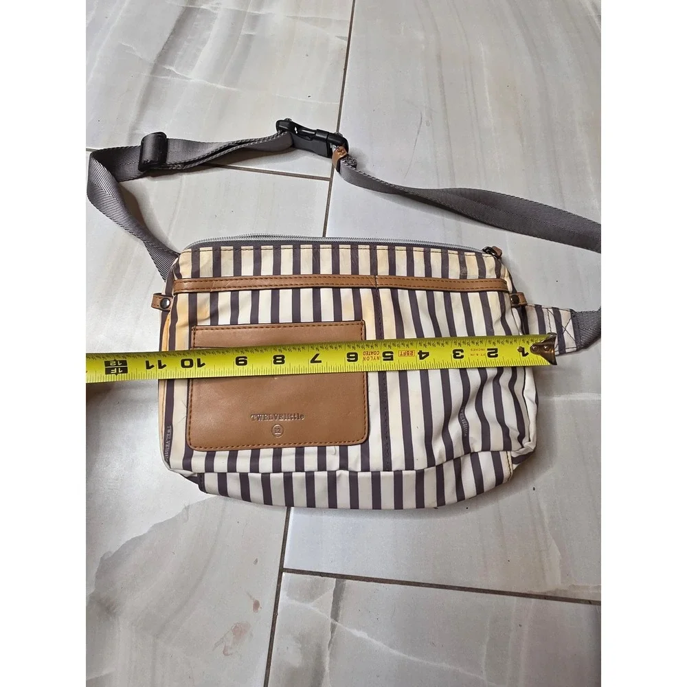 TwelveLittle Stripe Fanny Pack Waist Bag Nylon‎ Tan Cream Brown Adjustable Strap